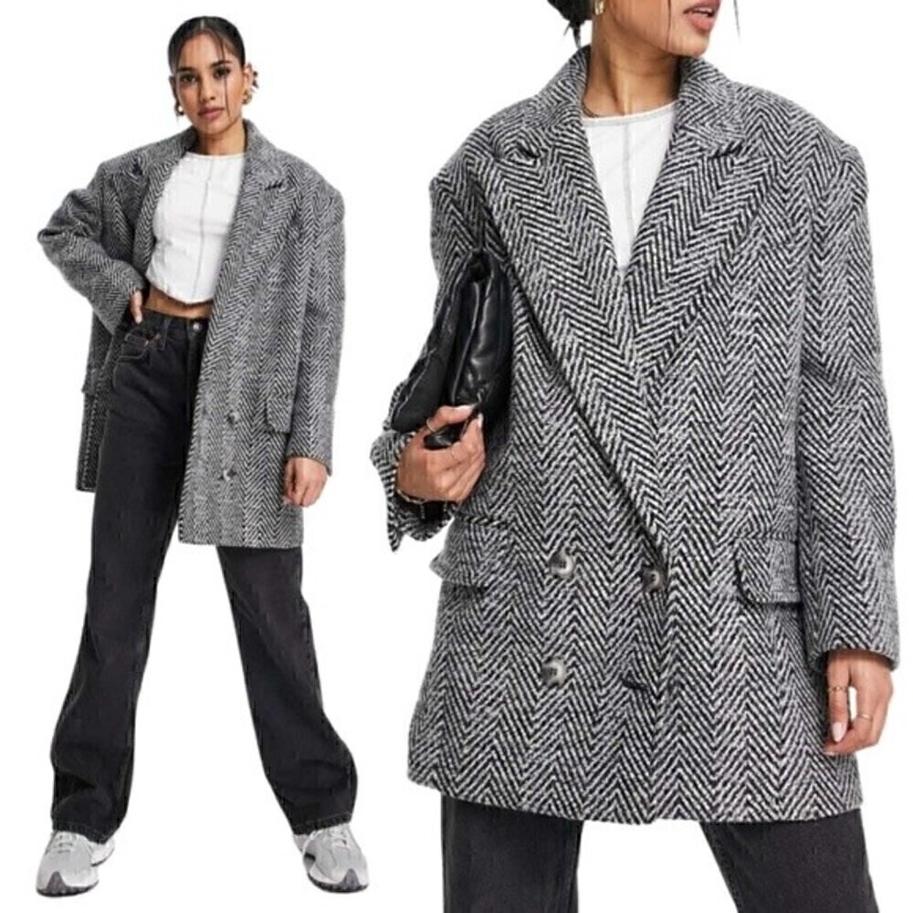 New! Topshop Herringbone Textured Wool Oversized Longline Coat